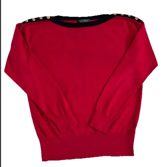Lauren Ralph Lauren Red Pullover Boat Neck Button Accent Sweater Size Large EUC - Picture 2 of 8